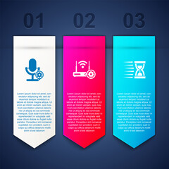 Set Microphone setting, Router and wi-fi and Old hourglass with sand. Business infographic template. Vector