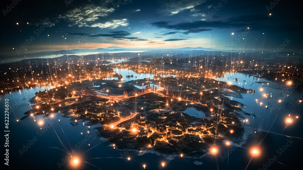 Poster global data grid connecting whole world. global network and satellite data exchange. digitalization 