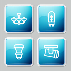 Set line Chandelier, Light emitting diode, LED light bulb and Led track lights lamps icon. Vector