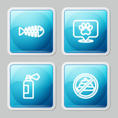 Set line Fish skeleton, Location veterinary hospital, Pet shampoo and No shit icon. Vector