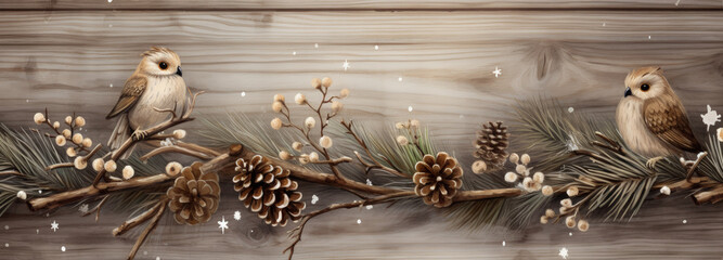 Wooden Christmas Backdrop with Cute Owls / Birds Christmas Backdrop – Generative Ai