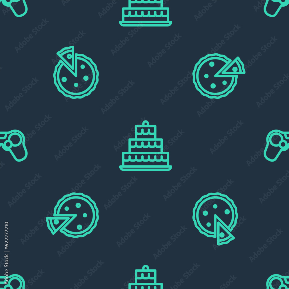 Poster set line cake with burning candles, homemade pie and gamepad on seamless pattern. vector