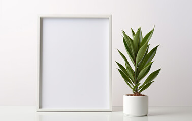 A potted green plant sits beside an empty white photo frame, both isolated on a pristine white background