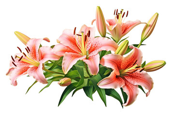 Beautiful Coral Pink Lily Flowers Green Leaves, Isolated on Transparent Background. Generative AI