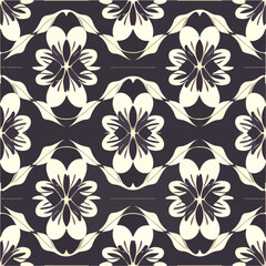 Captivating black and white pattern adorned with delicate white flowers, forming an intricate dark floral motif, resembling a repeating fabric pattern with elements of Art Deco style.