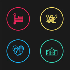 Set line Balloons, United States Capitol Congress, Eagle and American flag icon. Vector