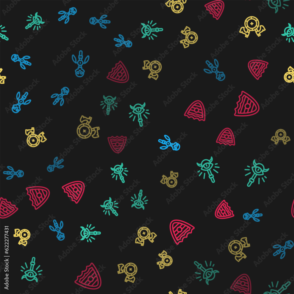 Poster set line magic staff, , medieval shield with axe and shield on seamless pattern. vector