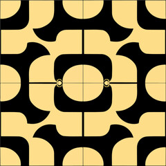 Striking black and yellow pattern with circular motifs reminiscent of art nouveau floor patterns. It also incorporates elements inspired by Nazca design, showcasing an art deco influence.