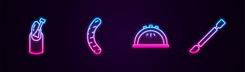 Set line Nail manicure, file, Manicure lamp and Cuticle pusher. Glowing neon icon. Vector