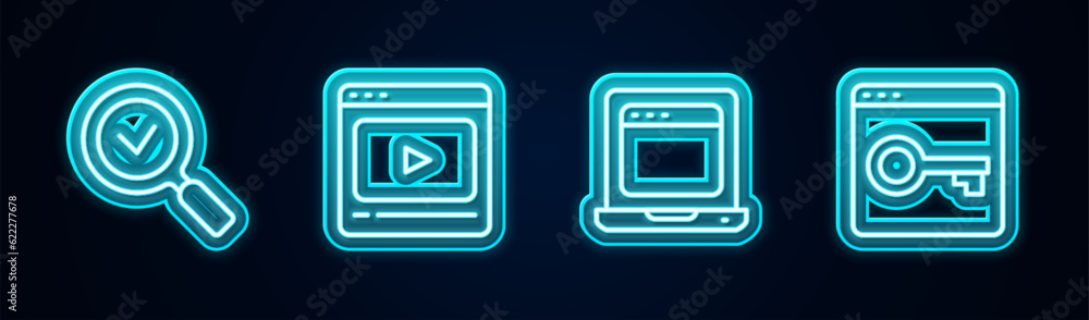 Poster set line magnifying glass with check mark, online play video, laptop browser window and secure your 