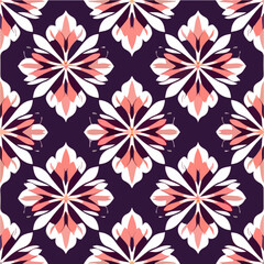 Fototapeta na wymiar Dark flower pattern with pink and white flowers on a black background, creating an elegant and contrasting design for fabric or wallpaper.