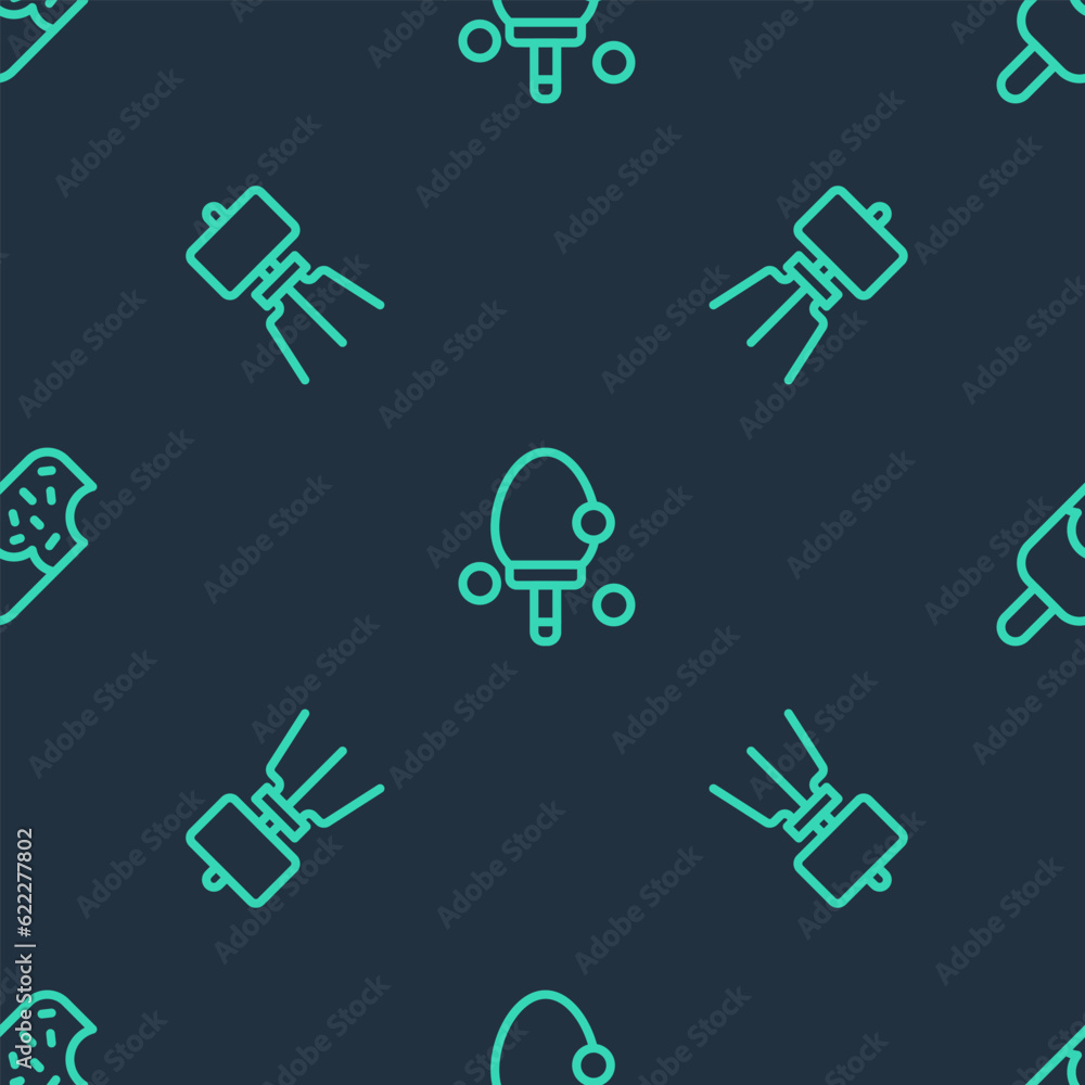 Poster set line racket, wood easel and ice cream on seamless pattern. vector