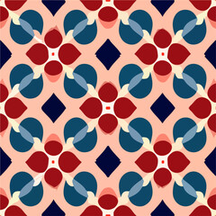 Mesmerizing fabric pattern features an abstract design in red, blue, and pink, creating a captivating and repetitive visual rhythm.