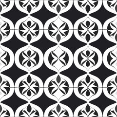Fototapeta na wymiar Captivating black and white pattern featuring circular shapes. It resembles intricate tilework or fabric design, showcasing a timeless and repeating damask pattern.