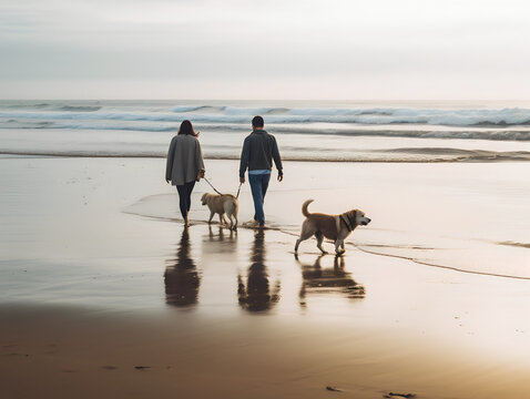 couple with dogs on the beach