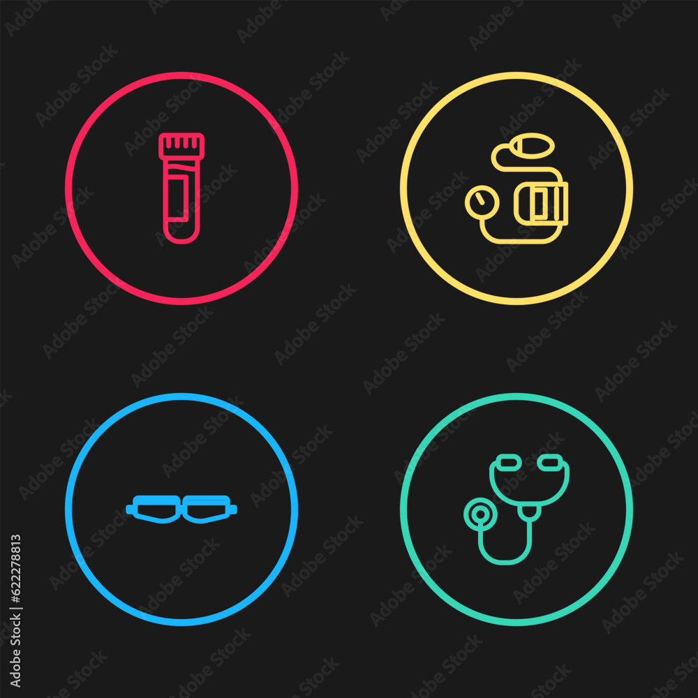 Poster set line safety goggle glasses, stethoscope, blood pressure and test tube with blood icon. vector