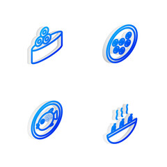 Set Isometric line Caviar on a plate, Tin can with caviar, Puffer fish and Soup shrimps icon. Vector
