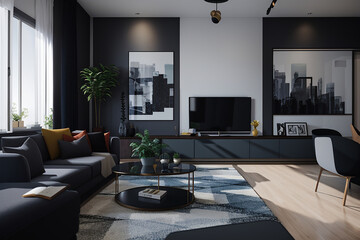 Charcoal And white color Modern interior design of living room. Get inspired for your living room!