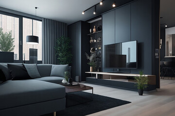 Charcoal And white color Modern interior design of living room. Get inspired for your living room!
