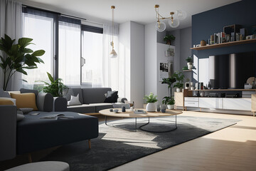 Plakat Charcoal And white color Modern interior design of living room. Get inspired for your living room!