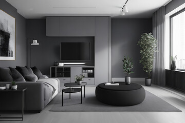 Charcoal And white color Modern interior design of living room. Get inspired for your living room!