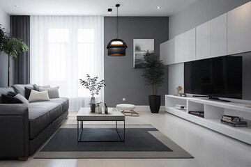 Charcoal And white color Modern interior design of living room. Get inspired for your living room!