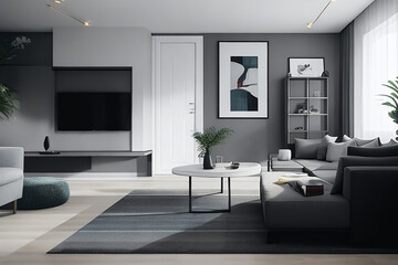 Fototapeta na wymiar Charcoal And white color Modern interior design of living room. Get inspired for your living room!