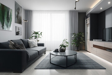 Charcoal And white color Modern interior design of living room. Get inspired for your living room!