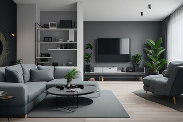 Charcoal And white color Modern interior design of living room. Get inspired for your living room!