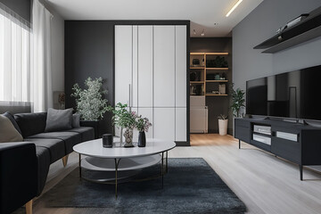 Charcoal And white color Modern interior design of living room. Get inspired for your living room!