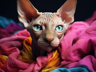 Sphynx Cat on a vibrant colored pillow (Generative AI)