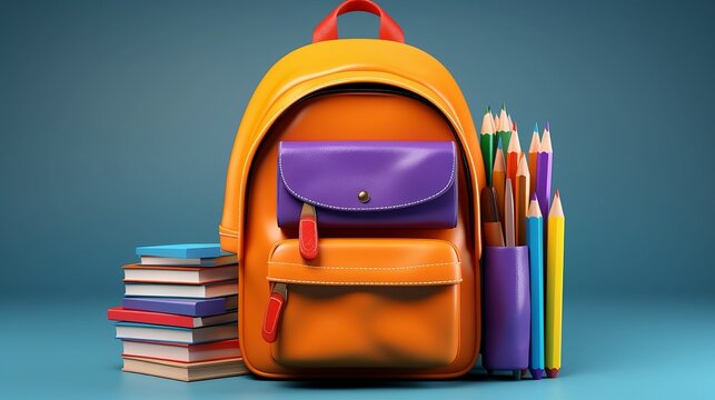 Orange school backpack with purple pockets next to pens, pencils and stack of colored books, isolated on blue gradient background, back to school concept, school supplies, promo banner with copy space