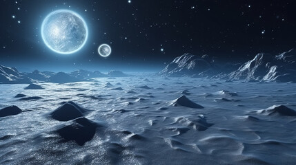 Two moons glow in the sky above the frozen alien planet. Extraterrestrial landscape. Digital illustration.