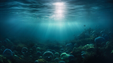 Fototapeta premium Sunlight illuminating exotic underwater landscape. Bottom of an alien ocean, marine biology. Digital illustration.