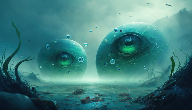 Two intelligent extraterrestrial creatures with green eyes communicating. Alien life. Digital illustration.