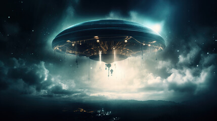 Surreal mysterious UFO with glowing lights flying over a dark landscape. UAP, flying saucer, paranormal alien craft.
