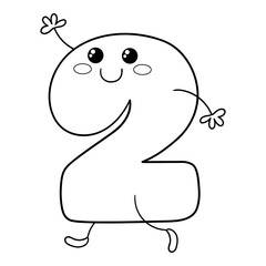 Illustration in black and white of number two in Kawaii style, smiling and with raise arm, coloring page, clipart