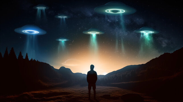 Person in the dark field looking at glowing UFOs flying above. Fermi paradox, mysterious flying saucers.