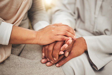 Holding hands closeup, support and empathy, care and love, solidarity and trust with couple in relationship. Help, comfort and bonding with commitment, people together in partnership and marriage
