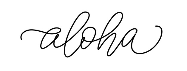 ALOHA text. Summer word Aloha Hawaii quote. Line art Calligraphy text aloha. Hand Lettering Design. Summer print for girls t shirt, tee, poster. Tropical Vector illustration phrase. Continuous line