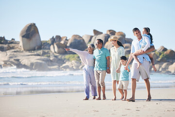 Travel, beach and family and children walking by sea for bonding, quality time and relaxing in...