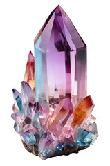 Large colorful, natural, long, tapered crystal. Beautiful shining crystal stone. Isolated on transparent background. KI.
