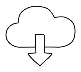 Doodle Cloud Download icon or logo, hand drawn with thin black line. Png clipart isolated on transparent background