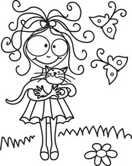 Happy, Smiling, Positive character girl holding a cat - vector, stock illustration