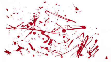 Red Splashed Ink. Freehand Brush Splat. Surface Chaotically Splashed with Red Paint. Abstract Stains That Look Like Blood. No Background. Irregular Abstract Splatter. Simple Rough Vibrant Red Stain. 