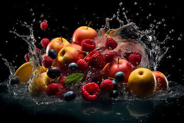 Fototapeta na wymiar fresh fruits splashing down on water in the dark