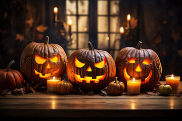 Obraz premium halloween pumpkins on a wooden table, Generative AI