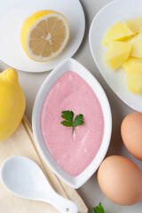 sauce potato, beetroot, egg and lemon