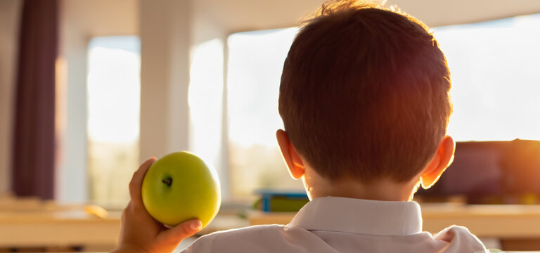 Children At School With Books, Backpack And Apple, View From Behind. Education Concept. Learn And Know The Topics. Study To Grow. Friendship At School. Difficulties In School. AI Generative.