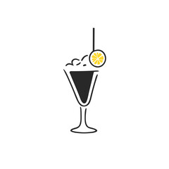 Drink vector icon set. Cocktail icon. Glass with ice cream and lime slice. Line and flat icon. Bar symbol. Doodle style blach and yellow illustration.